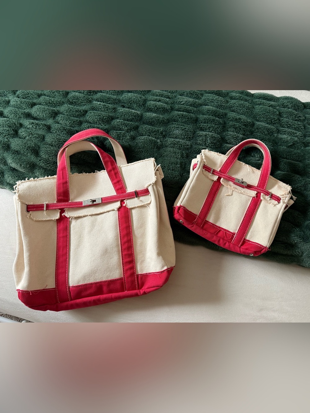Boatkin Canvas Tote Bags – Large & Mini Matching Set – Red/Cream